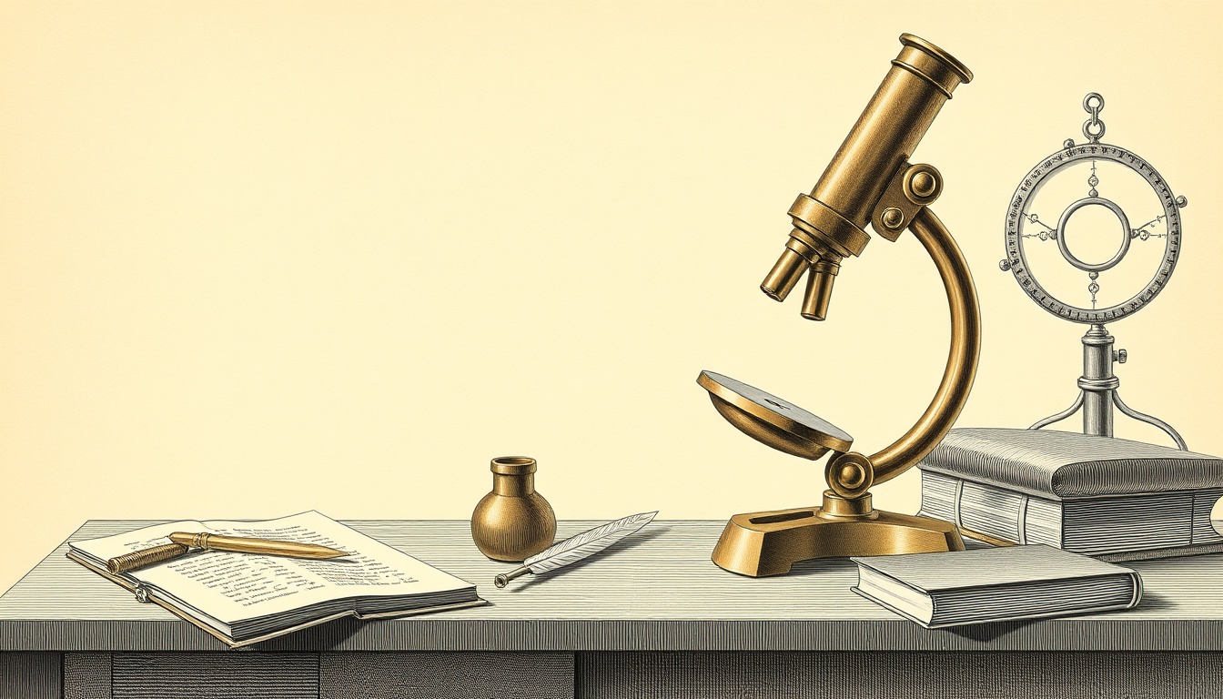 A vintage brass microscope, quill, inkwell, open book, and scientific instrument on a table, rendered in an engraved style with ivory and brushed gold tones.