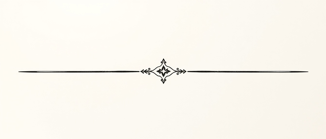 A monochrome horizontal rule with an ornate, symmetrical diamond-shaped ornament in the center, on an aged-paper background.