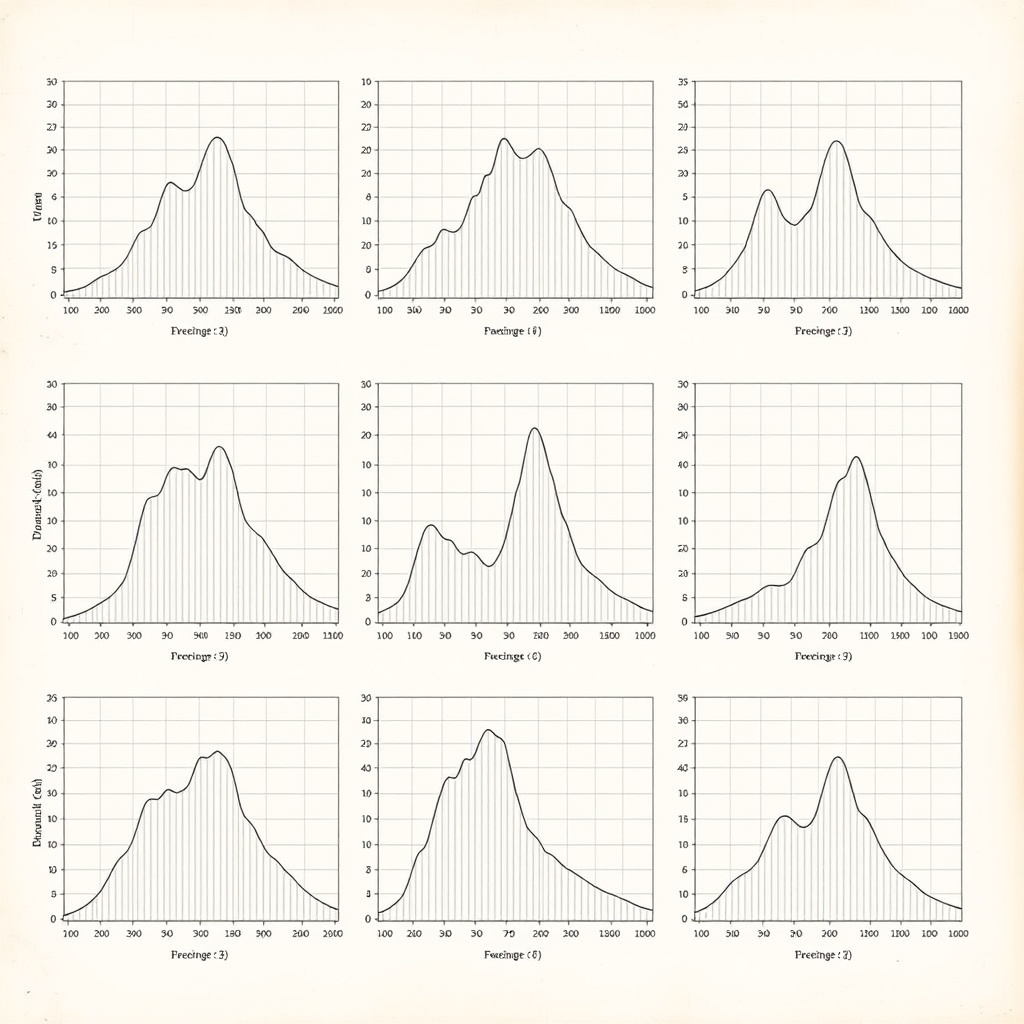 A grid of nine monochrome statistical distribution graphs on an aged-paper background, resembling a late 19th-century academic journal plate.