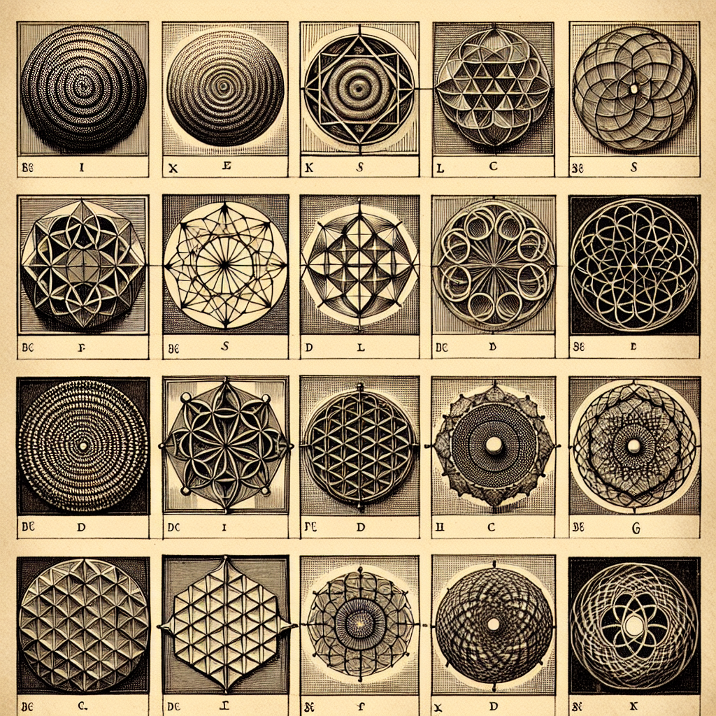 A grid of 20 intricate geometric diagrams in an engraved-plate style, with fine cross-hatch shading on an aged-paper background, each labeled with serif letters.