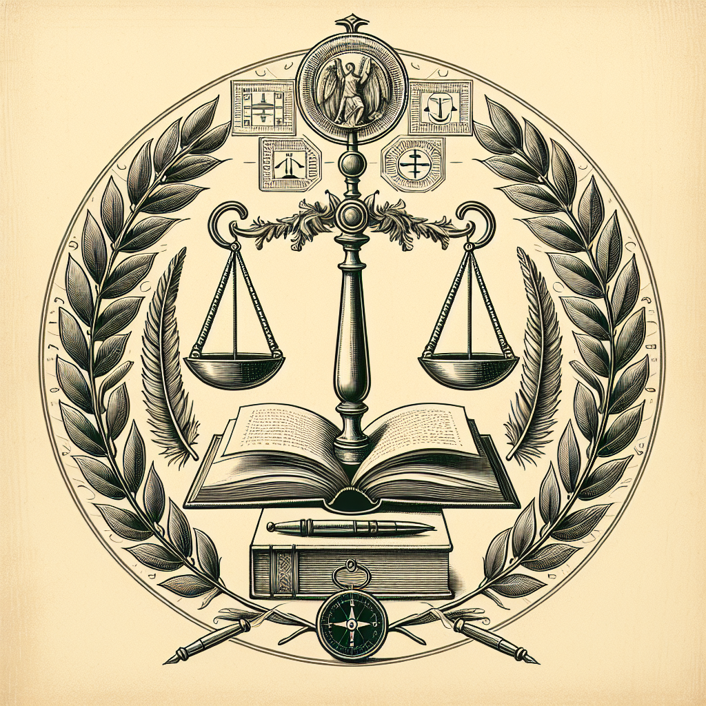 Engraved emblem featuring a balance scale, open book, quill, compass, and laurel wreath on an aged paper background.