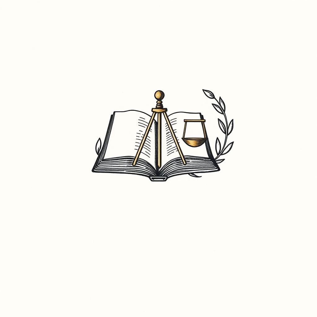 An engraved emblem featuring an open book, a balance scale, and a tripod instrument, flanked by a laurel branch, all in black and brushed gold on an ivory background.