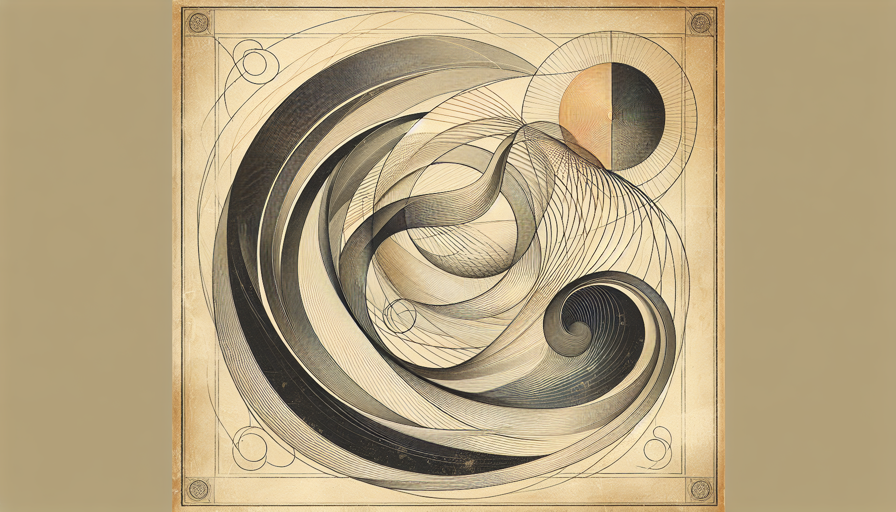 An intricate, abstract diagram in the style of a late 19th-century scientific engraving, featuring swirling lines, cross-hatching, and a subtle brushed gold accent on an aged paper background with decorative corners.