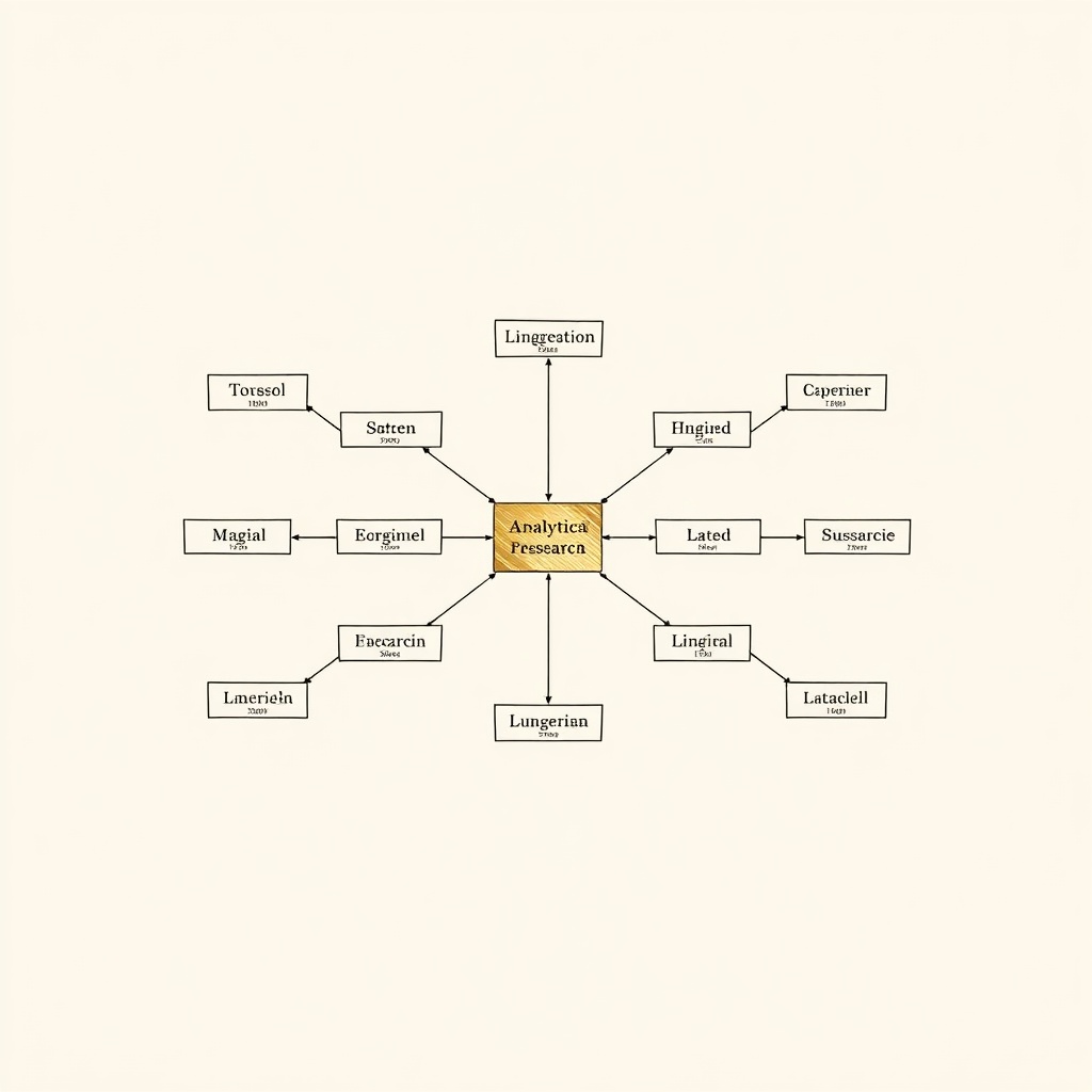 A conceptual diagram on an aged-paper background, featuring a central gold box labeled "Analytica Pressarca" connected by black arrows to surrounding text boxes.