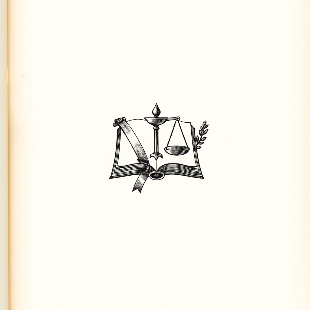 Engraved emblem of an open book with a balance scale and flame, flanked by a ribbon and laurel branch, on an aged-paper background.