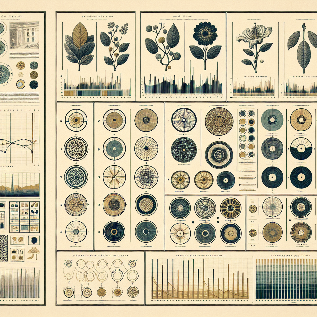 A detailed, monochrome scientific journal page with botanical illustrations, circular diagrams, and bar charts on an aged paper background, accented with muted gold.